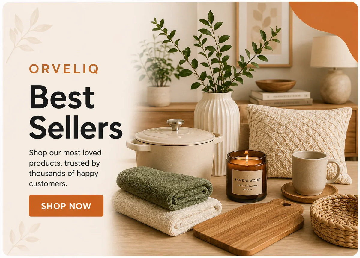 Cozy home essentials: towels, candle, cutting board, vase with greenery, and knit pillow for kitchen & living space decor