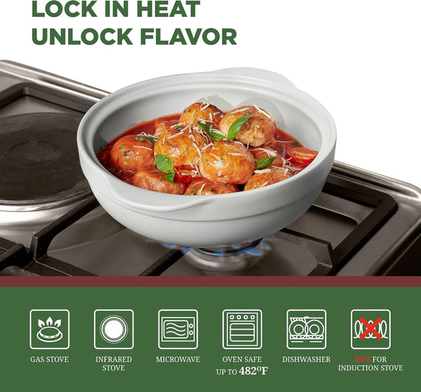 MINH LONG 2-Qt Porcelain Dutch Oven with Lid – Lead & Cadmium Free, Oven Safe to 482°F, Heat Retention, Clay Pot for Cooking on Gas & Infrared Cooktop, Use to Marinate, Cook, Bake, Refrigerate & Serve2