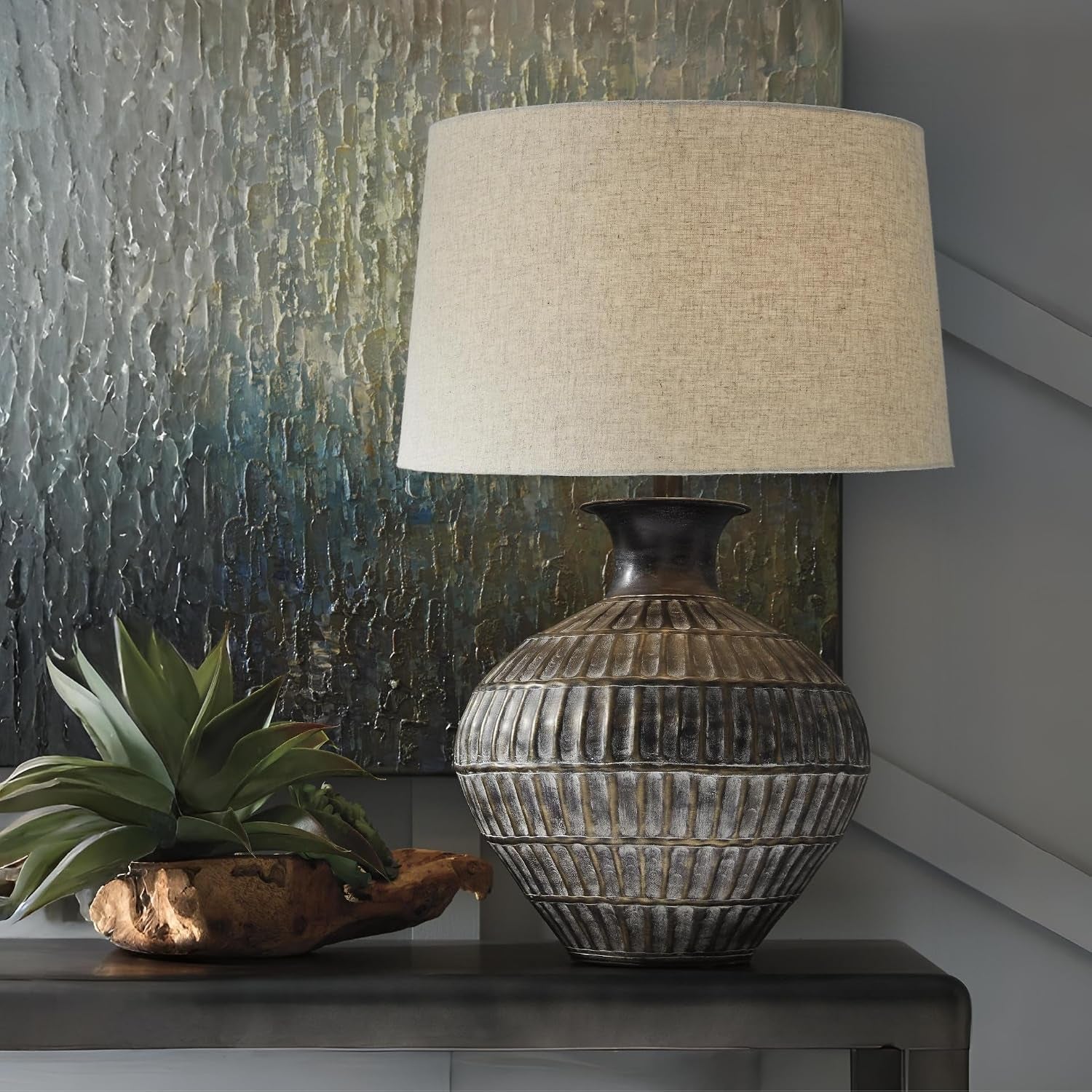 signature-design-by-ashley-magan-metal-table-lamp-28-antique-bronze-antique-bronze-tone-metal-base-textured-pattern-fabric-modified-drum-shade-living-room-or-entryway-use-3-way-switch