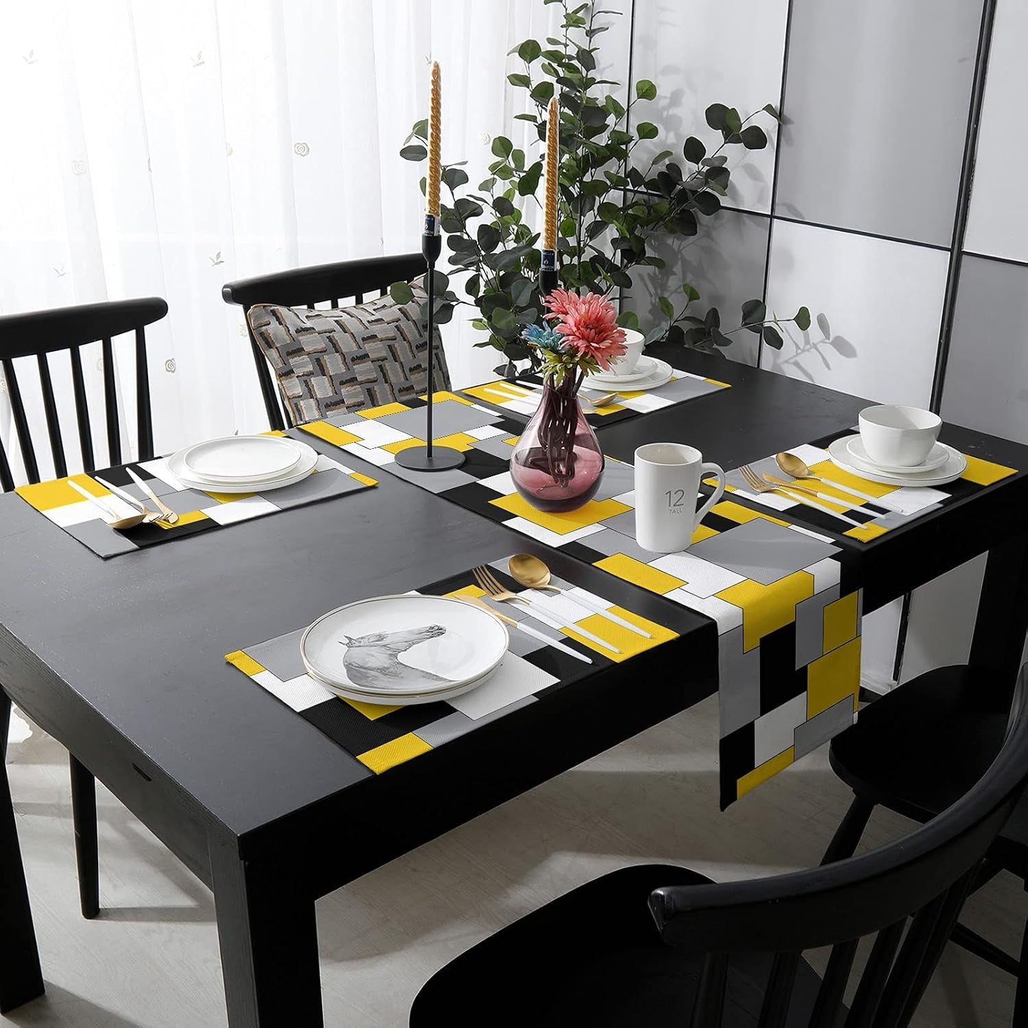 table-runner-with-placemats-set-of-6-yellow-grey-black-splicing-color-block-cotton-linen-kitchen-dining-mats-non-slip-table-cover-13x70-table-mats-set-for-dresser-dining-table-abstract-modern-art
