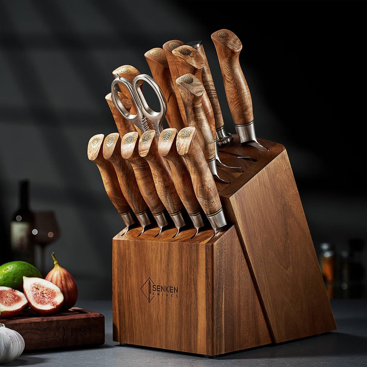 SENKEN 16-Piece Damascus Knife Block Set - the Dynasty Collection - Japanese VG10 Damascus Steel with Natural Sycamore Wood Handles, Steak Knives, Scissors, & Sharpening Rod (16-Piece Knife Block Set)+2