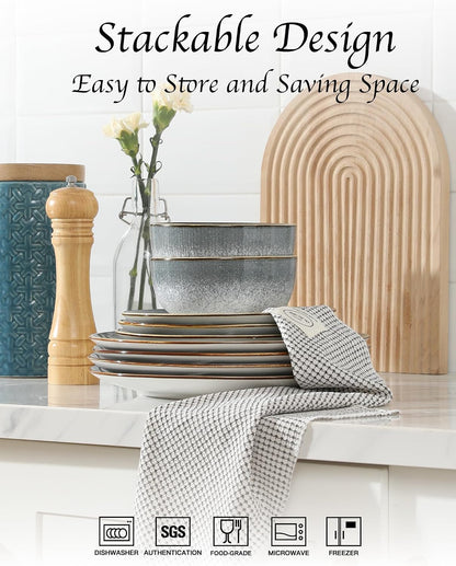 Sweejar Dinnerware Sets Service for 4, 12 Pcs Porcelain Plates and Bowls for Kitchen, Housewaring Gift, Chip and Scratch Resistant Dish Set, Handmade Dishwasher and Microwave Safe Plate Set, Lightgray6