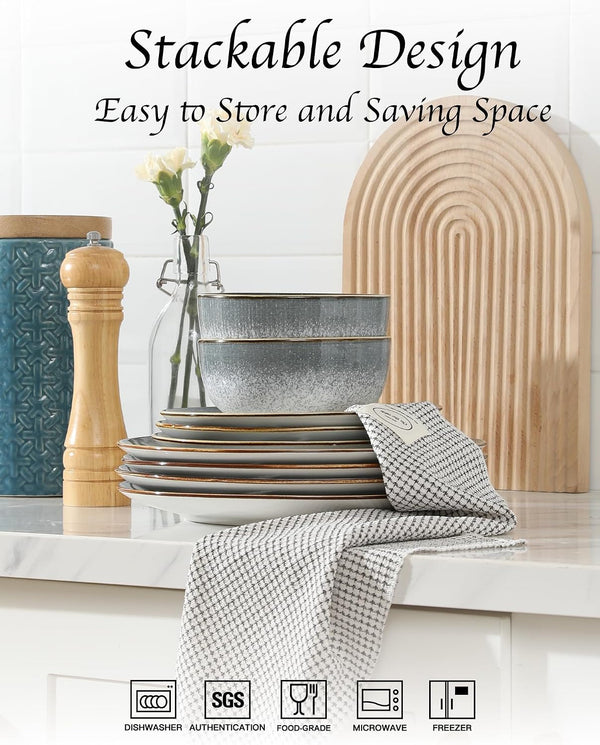 Sweejar Dinnerware Sets Service for 4, 12 Pcs Porcelain Plates and Bowls for Kitchen, Housewaring Gift, Chip and Scratch Resistant Dish Set, Handmade Dishwasher and Microwave Safe Plate Set, Lightgray6