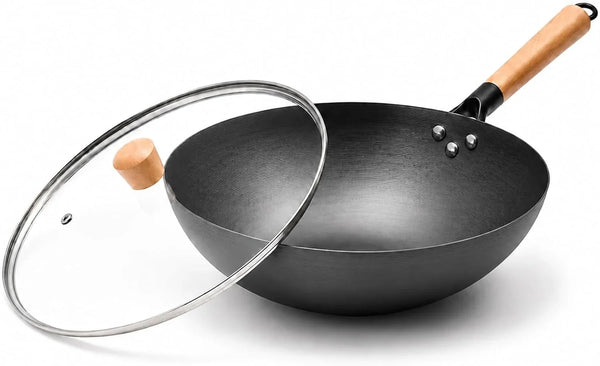 12.6" Carbon Steel Wok Pan, Flat Bottom Stir Fry Wok with Spiral Thread Interior, Coating‑Free Naturally Seasoning Wok, Compatible with Gas, Electric & Induction Cooktops1