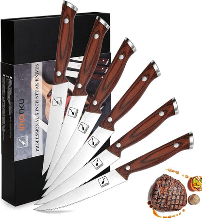 9" Steak Knife Set of 6,For 6 Guests, Complements Any Table | Japanese High Carbon Stainless Steel, Serrated Edge Glides through Steak, No Sharpening, Wooden Handle1
