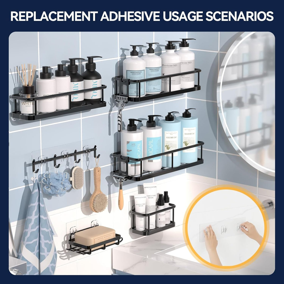 9-pack-shower-caddy-adhesive-replacement-transparent-shower-adhesive-strips-no-drilling-hooks-for-bath-storage-shelves-kitchen-racks-basket-soap-holder