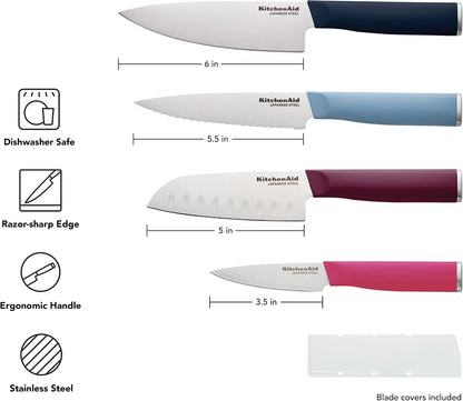 4-Piece Chef Knife Set with Blade Covers, 6-Inch Chef Knife, 5-Inch Santoku, 5.5-Inch Serrated Utility, 3.5-Inch Paring Japanese Steel, Assorted Colors6