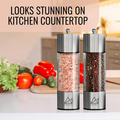 Salt and Pepper Grinder Set Manual 2 Pack | Large round Salt and Pepper Shakers Set | 7.5 Inch Stainless Steel Salt Grinder Refillable | Manual Pepper Grinder (Stainless Steel)9
