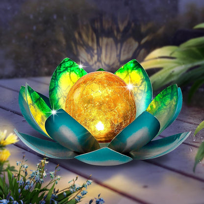 Solar Light Outdoor, Art Crackle Globe Glass Lotus Decoration, Solar LED Waterproof Blue Metal Flower Lights for Patio,Lawn,Walkway,Tabletop(2Pack)1