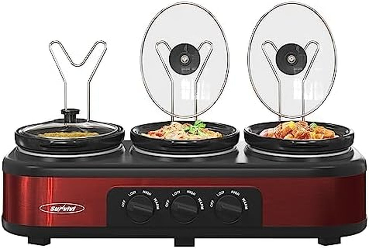 3-1-5-quarts-triple-slow-cooker-buffet-server-warmer-with-3-removable-ceramic-pots-3-adjustable-temp-settings-3-metal-lid-rests-stainless-steel-red