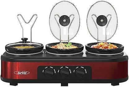 3 * 1.5 Quarts Triple Slow Cooker, Buffet Server & Warmer with 3 Removable Ceramic Pots, 3 Adjustable Temp Settings & 3 Metal Lid Rests, Stainless Steel, Red1