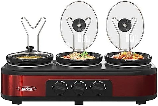 3 * 1.5 Quarts Triple Slow Cooker, Buffet Server & Warmer with 3 Removable Ceramic Pots, 3 Adjustable Temp Settings & 3 Metal Lid Rests, Stainless Steel, Red1