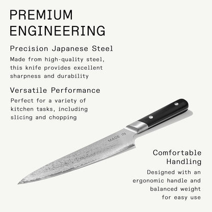 Made in Cookware - 8" Japanese Damascus Steel Gyuto (Chef Knife) - 66 Layers of Damascus Steel with a VG-10 Core - Crafted in Japan - Full Tang with Black POM Handle3