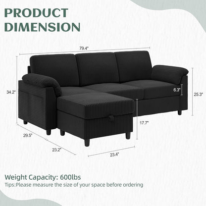 79" Convertible Sectional Couch for Living Room, Modular L Shaped Sofa with Movable Ottoman, Comfy Corduroy Fabric Couch with Removable Covers, Modern Apartment Furniture, Black2