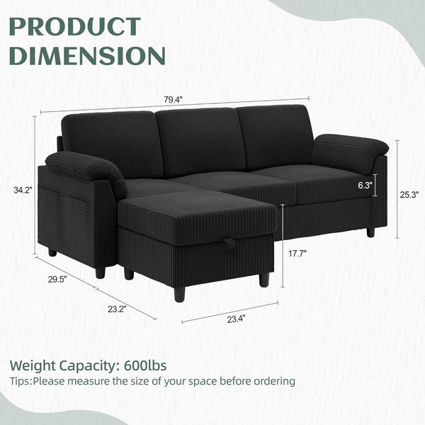 79" Convertible Sectional Couch for Living Room, Modular L Shaped Sofa with Movable Ottoman, Comfy Corduroy Fabric Couch with Removable Covers, Modern Apartment Furniture, Black2