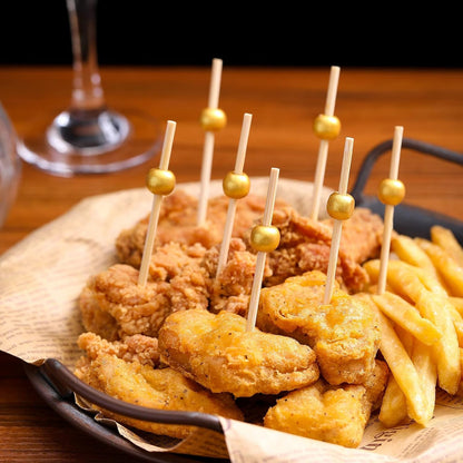 200 Pcs Cocktail Picks, Fancy Toothpicks for Appetizers, Mini Food Picks | Bamboo Cocktail Sticks Skewers for Drinks, Desserts, Charcuterie, 4.7 Inch Decorative Wedding Party Gold Ball Tooth Picks2