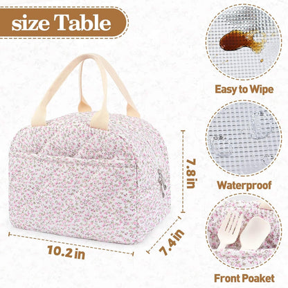 Cotton Quilted Insulated Lunch Bag, Reusable Quilted Floral Lunch Tote Bags4