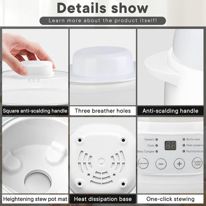 White 1L Mini Slow Cooker with Steamer Basket, 24-Hour Timer and Automatic Keep-Warm Function, 200W Smart Ceramic Electric Slow Cooker, Kitchen Cooking Appliance4