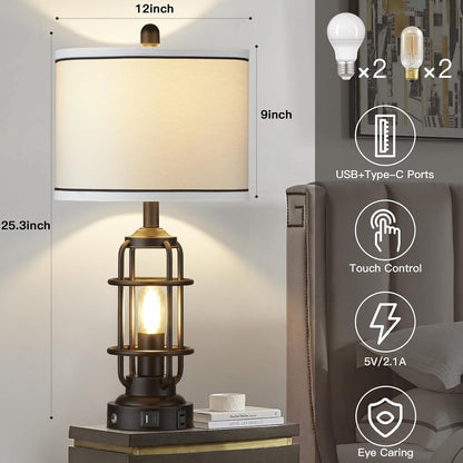 26" Modern Lamp for Living Room, Industrial 3-Way Dimmable beside Table Lamp with USB A+C Charging Ports & AC Outlet, Touch Control beside Lamp LED Night Light for Bedroom Single(2 Bulbs Included)2