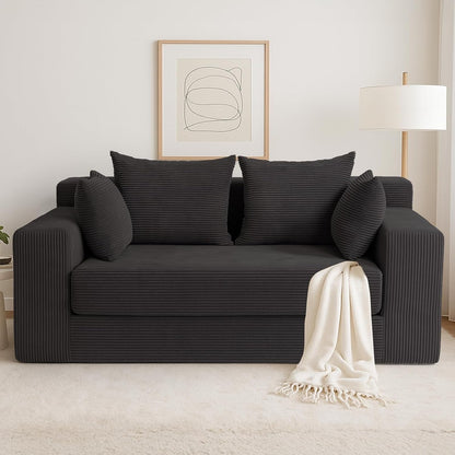 Convertible Sofa Bed, Boneless Loveseat Folding Couch Bed Foldable - 3 in 1 Small Ccouch & Futon Sofa Bed, Corduroy Pull Out Couch with 4 Pillows for Living Room, Black1