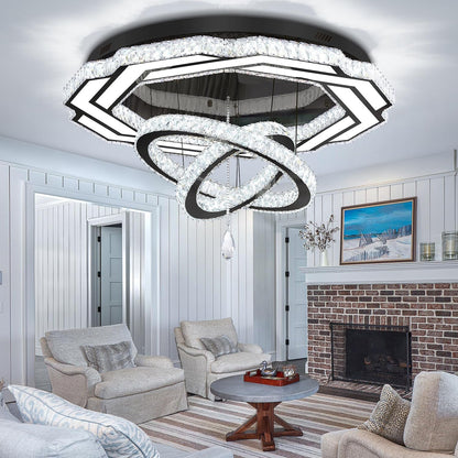Large Chandelier Dia 40" Black 3 Ring Crystal Chandelier Flush Mount Ceiling Light for Living Room Dining Room Hallway Dimmable LED Celing Lighting1