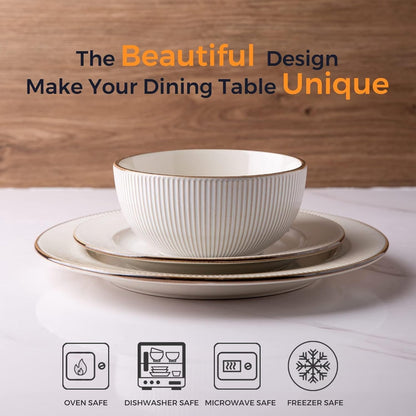 Ceramic Dinnerware Sets,12 Pcs Embossed Elegant Stoneware Plates and Bowls Sets, Housewarming Wedding Gift | Dishwasher & Microwave Safe | Dishes Set Service for 42