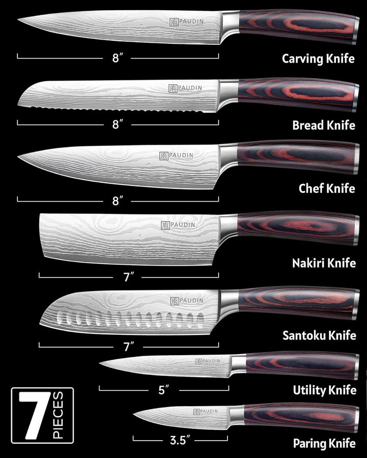 Chef Knife Set, 7 Pieces Kitchen Knife Set, Ultra Sharp Knife Set | High Carbon Stainless Steel, Professional Knives Set for Kitchen with Pakkawood Handle+2