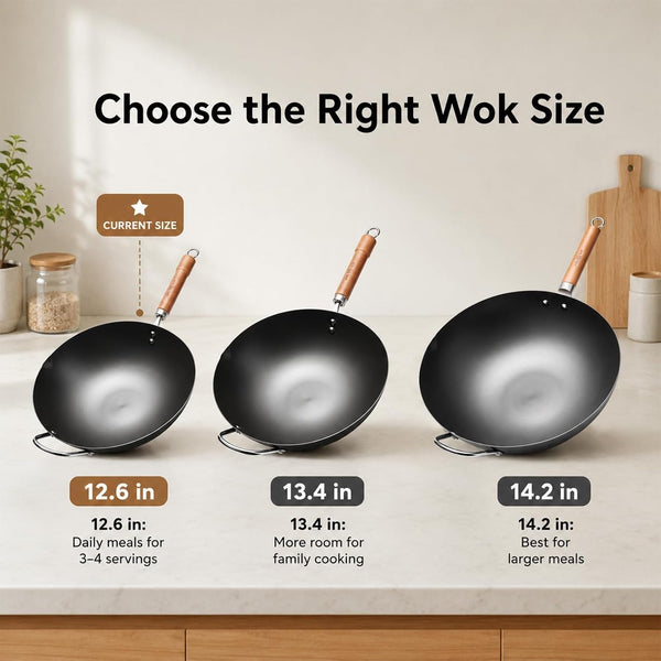 Carbon Steel Wok with Lid, 12.6 Inch Flat Bottom Wok Pan, Uncoated Stir Fry Pan with Wooden Handle, Chinese Wok for Gas, Electric, Induction & Ceramic Stoves | Uncoated Stir Fry Pan with Wooden Handle for Gas, Electric, Induction & Ceramic Stoves7