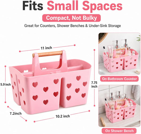 Pink Portable Shower Caddy, Plastic Basket Organizer with Wooden Handle2