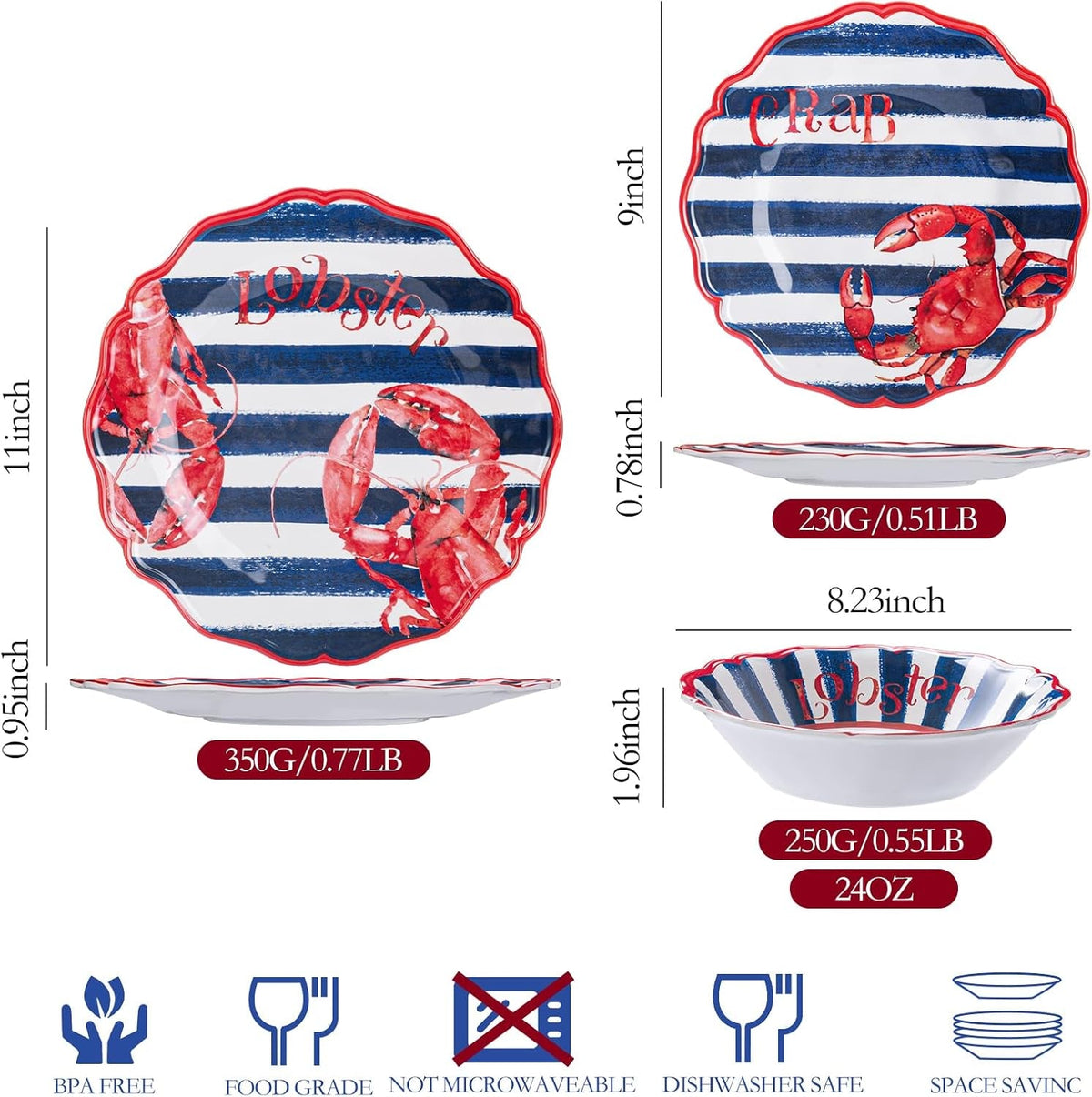 lobster-and-crab-melamine-dinnerware-set-12-piece-scalloped-plates-and-bowls-set-for-4-coastal-nautical-design-unbreakable-lightweight-dishwasher-safe-bpa-free-for-kitchen-outdoor-camping-rv