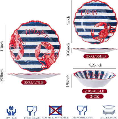 Lobster and Crab Melamine Dinnerware Set,12-Piece Scalloped Plates and Bowls Set for 4,Coastal Nautical Design,Unbreakable Lightweight,Dishwasher Safe BPA Free,For Kitchen Outdoor Camping RV2