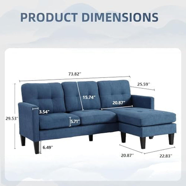 74'' L Shaped Small Couch with Chaise, Lounge Sectional Couch with Movable Ottoman, Sleeper Sofa for Apartment Size, Small Sectional for Living Room, Office, Guest Room & Small Spaces, Blue2
