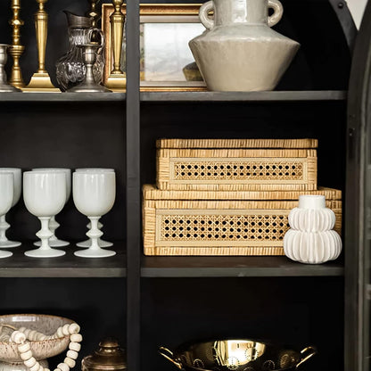Large Handwoven Boho Rattan Display Boxes with Glass Lids Set of 2 | Rectangular Decorative Storage Bins Natural Woven Cane Home Decor Organizers (15.55" X 9.64" X 5.9" & 12.48" X 6.88" X 4.52")7