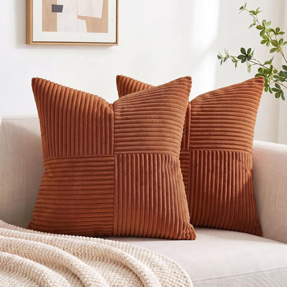 2 Packs Rust Boho Decorative Throw Pillow Covers 18X18 Inch for Couch Bed Sofa, Farmhouse Fall Home Decor, Soft Corss Corduroy Patchwork Textured Terracotta Accent Cushion Case 45X45 Cm7