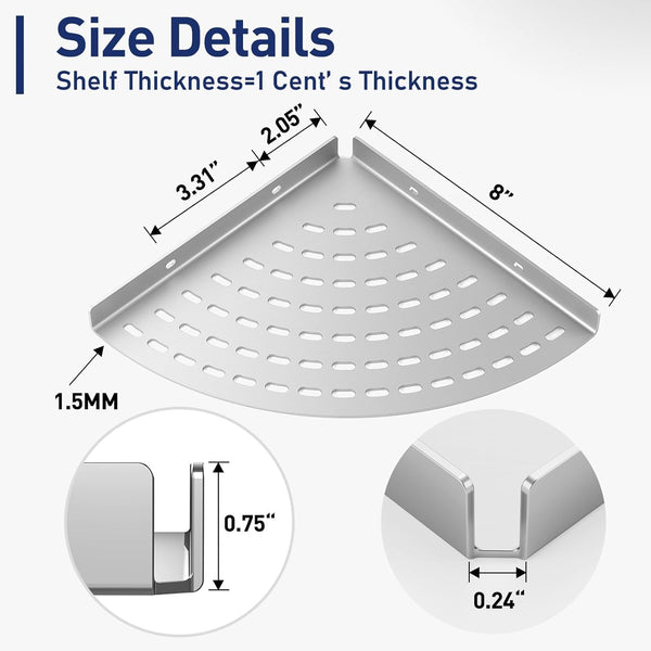 2 Pack Corner Shower Shelves 304 Stainless Steel Shower Corner Shelf Brushed Nickel Bathroom 8 in Prevent Rust Drilling Installation3