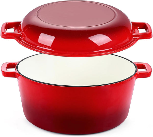 2 in 1 Red Dutch Oven Pot with Lid for Bread Baking, 5Qt | Cast Iron Bread Dutch Oven, Skillet & Pot for Roasting Braising Stewing Frying Simmering, Multi Stoves & Oven Safe1