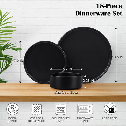 Black Dinnerware Sets for 6, 18-Piece Stoneware Plates and Bowls Dish Set, Modern Kitchen Dinning Dishware, Chip and Scratch Resistant, Microwave & Dishwasher Safe, Matte Black2