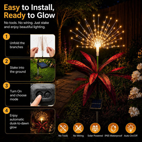 Solar Firework Lights Outdoor,2 Pack 120 LED Solar Garden Lights with Tropical Plant-Style Leaves,8 Modes Waterproof Decorative Yard Stake Lights for Patio Pathway Front Yard,Wedding Party Garden Gift7