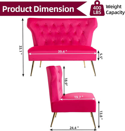 Small Velvet Sofa, Soft Upholstered 40’’ Armless Loveseat Couch with High Density Foam, Modern Tufted Cushion with Gold Legs for Bedroom, Dorm, Apartment, Girls, Teens, Easy Assembly,Fuchsia2