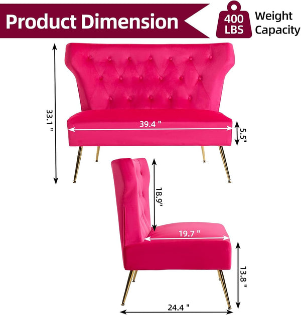Small Velvet Sofa, Soft Upholstered 40’’ Armless Loveseat Couch with High Density Foam, Modern Tufted Cushion with Gold Legs for Bedroom, Dorm, Apartment, Girls, Teens, Easy Assembly,Fuchsia2