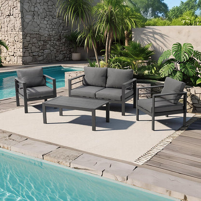 Patio Furniture Set 4 Pieces, Outdoor Sectional with Coffee Table, Metal Patio Conversation Set with Washable Covers for Porch, Balcony, Deck, Grey1