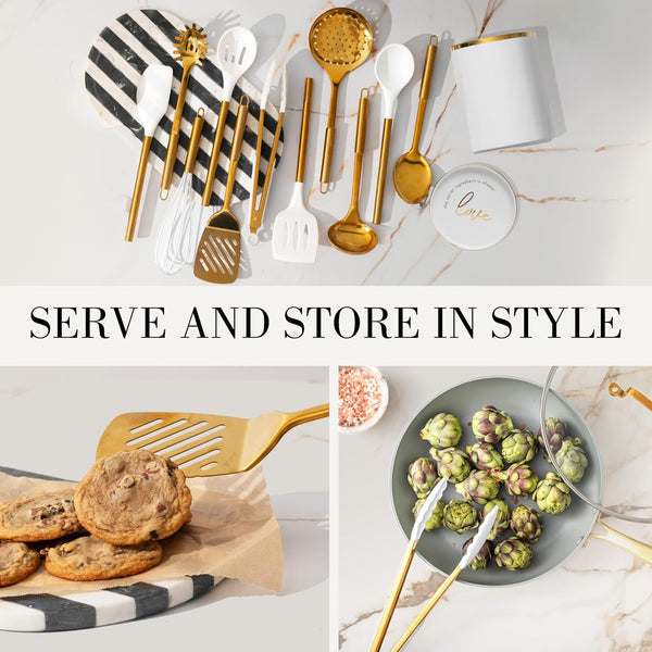 White and Gold Cooking Utensils Set, 13-Piece | Kitchen Set with White Ceramic Utensil Holder and Stackable Gold Spoon Rest - Luxury Kitchen Accessories for Stylish Cooking4