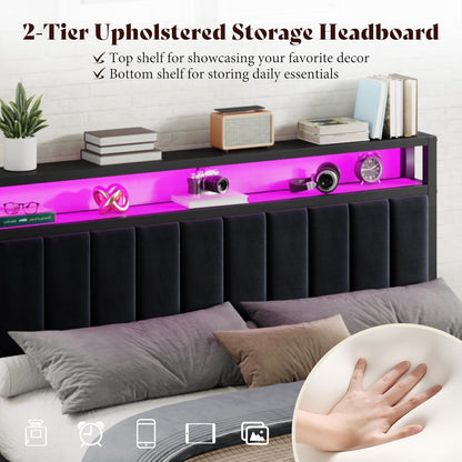 Full Bed Frame with LED Lights & 2-Tier Storage Headboard4