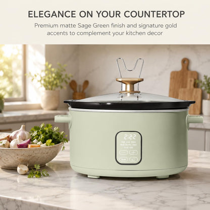 6 Quart Programmable Slow Cooker with 24-Hour Timer & Auto Warm, 5 Presets for Meat Poultry Stew Soup Chili, Dishwasher Safe Ceramic Pot & Glass Lid, Digital Display (Sage Green)5