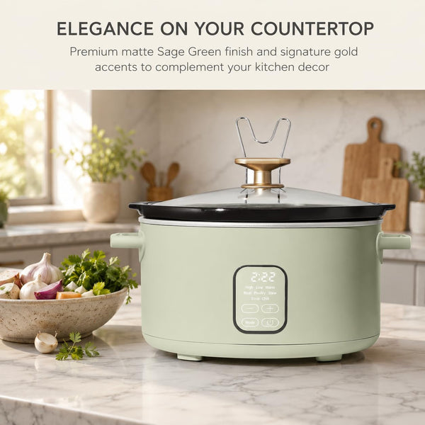 6 Quart Programmable Slow Cooker with 24-Hour Timer & Auto Warm, 5 Presets for Meat Poultry Stew Soup Chili, Dishwasher Safe Ceramic Pot & Glass Lid, Digital Display (Sage Green)5
