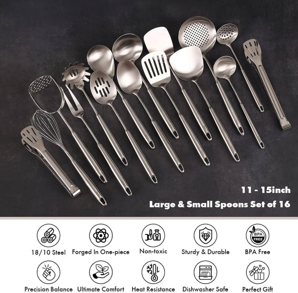 18/10 Stainless Steel Cooking Utensils Set - 16 PCS All Metal Utensils4