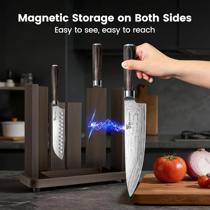 15-Piece Kitchen Knife Set with Magnetic Block, New for 2026 | Detachable Steak Knife Block for Table Service, Built-In Sharpener, Wood Handle, Damascus Pattern, Housewarming Gifts3