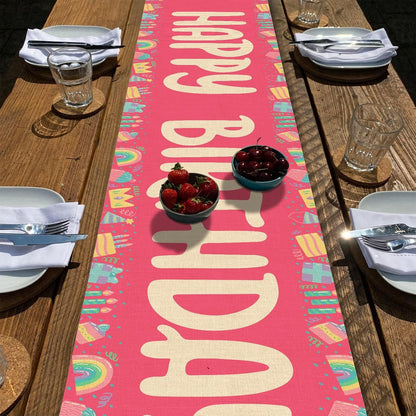 Happy Birthday Table Runner 13X72 Inch Pink Birthday Cake Box Candle Rainbow Farmhouse Polyester Linen Table Decoration for Kitchen Dinning, Indoor Outdoor Home Dinner Party (Red)4