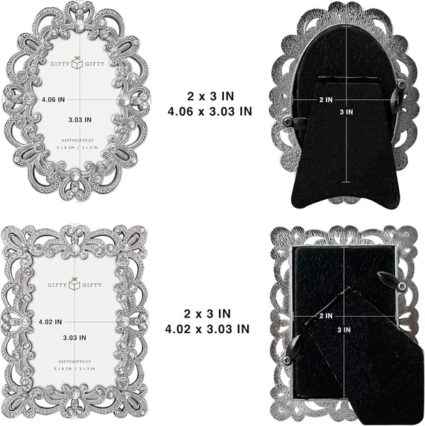 Vintage Silver Mini Frame Set/Set of 2 / 2X3 in | for Tabletop Display | Perfect for Home Decor, Xmas, Wedding, Graduation, or Milestone Photos W/Gift Box3