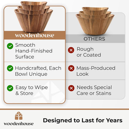 Wooden Salad Bowl Set of 3, Wavy 12" 10" 8" Wood Serving & Mixing Bowls7